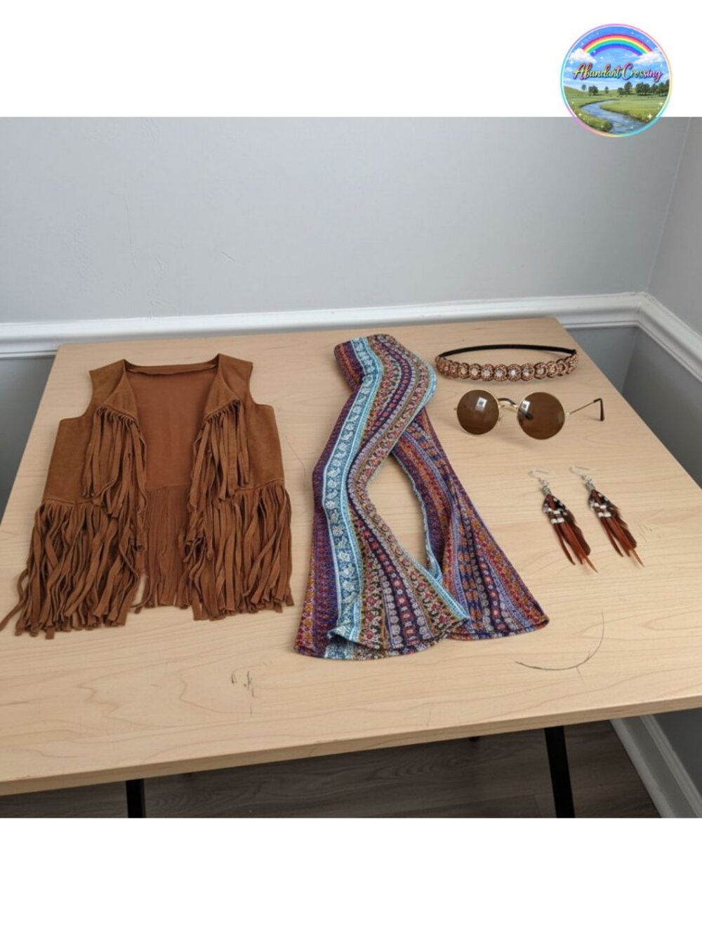 5 Pc Women's 60s 70s Hippie Costume Vest Flare Pants Fringe